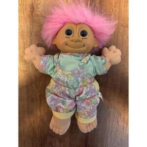 Troll Doll Vintage Russ Troll Kidz Pink Hair Blue Eyes Plush 7” Floral Jumpsuit
